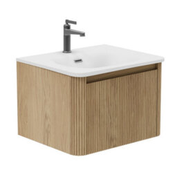 Plum&clay Isla Ribbed Fluted Oak Wood Wall Hung Drawer Vanity Unit & White Basin Set (W)600mm