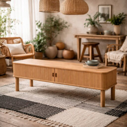 Wyld Haus Copenhagen Natural Oak Etched Tv Unit With 2 Tambour Doors, 1400mm