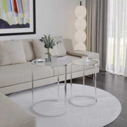 Urbn-Living Urbnliving 59Cm Height Round Nesting Side Coffee Tables Transparent Glass Top With Chrome Metal Leg Set Of 2 - thumbnail 3