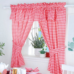 Red Gingham Curtain Set With Integrated Valance 100 Percent Polyester Country Style Kitchen Window Dressing
