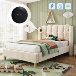Btm 3Ft Upholstered Bed Frame, Velvet Bed With Usb & Type-C Charging, Wooden Slats, Beige - thumbnail 5
