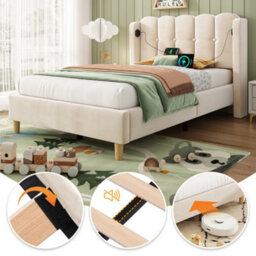 Btm 3Ft Upholstered Bed Frame, Velvet Bed With Usb & Type-C Charging, Wooden Slats, Beige - thumbnail 4