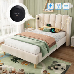Btm 3Ft Upholstered Bed Frame, Velvet Bed With Usb & Type-C Charging, Wooden Slats, Beige - thumbnail 1