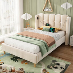 Btm 3Ft Upholstered Bed Frame, Velvet Bed With Usb & Type-C Charging, Wooden Slats, Beige - thumbnail 7