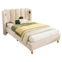 Btm 3Ft Upholstered Bed Frame, Velvet Bed With Usb & Type-C Charging, Wooden Slats, Beige - thumbnail 6