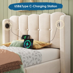 Btm 3Ft Upholstered Bed Frame, Velvet Bed With Usb & Type-C Charging, Wooden Slats, Beige - thumbnail 3