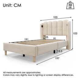 Btm 3Ft Upholstered Bed Frame, Velvet Bed With Usb & Type-C Charging, Wooden Slats, Beige - thumbnail 2