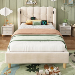 Btm 3Ft Upholstered Bed Frame, Velvet Bed With Usb & Type-C Charging, Wooden Slats, Beige - thumbnail 9