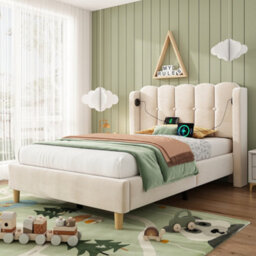 Btm 3Ft Upholstered Bed Frame, Velvet Bed With Usb & Type-C Charging, Wooden Slats, Beige - thumbnail 8