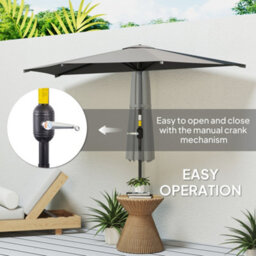 Outsunny 3(M) Half Round Parasol Garden Sun Umbrella W/ Crank Dark Grey - thumbnail 4