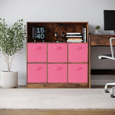 Urbn-Living Urbnliving 94Cm Height 7 Cubed Rustic Brown Wooden Cupboard Bookcase Storage Units Shelves With Dark Pink 6 Drawers - image 1