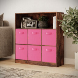 Urbn-Living Urbnliving 94Cm Height 7 Cubed Rustic Brown Wooden Cupboard Bookcase Storage Units Shelves With Dark Pink 6 Drawers - thumbnail 2