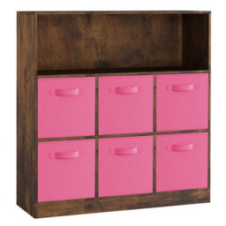 Urbn-Living Urbnliving 94Cm Height 7 Cubed Rustic Brown Wooden Cupboard Bookcase Storage Units Shelves With Dark Pink 6 Drawers - thumbnail 3