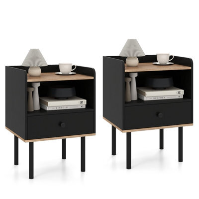 Gainoom Set Of 2 Black Bedside Table Modern Sofa Side Table Nightstand With Drawer & Open Storage Shelf - image 1