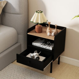 Gainoom Set Of 2 Black Bedside Table Modern Sofa Side Table Nightstand With Drawer & Open Storage Shelf - thumbnail 5