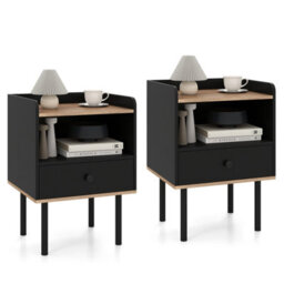 Gainoom Set Of 2 Black Bedside Table Modern Sofa Side Table Nightstand With Drawer & Open Storage Shelf - thumbnail 1
