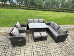 Fimous 10 Seater Lounge Rattan Sofa Set Outdoor Garden Furniture Rectangular Dining Table With Adjustable Chair - thumbnail 2