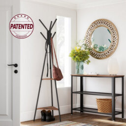 Ledrem Loft Series Industrial Hall Tree With 6 Hooks, 2 Triangular Shelves, Steel Frame, Brown And Black, 179 X 49.5 X 49.5 Cm - thumbnail 2