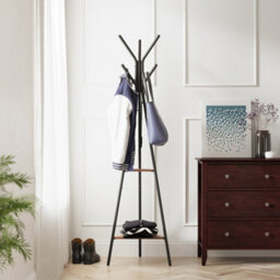 Ledrem Loft Series Industrial Hall Tree With 6 Hooks, 2 Triangular Shelves, Steel Frame, Brown And Black, 179 X 49.5 X 49.5 Cm - thumbnail 1
