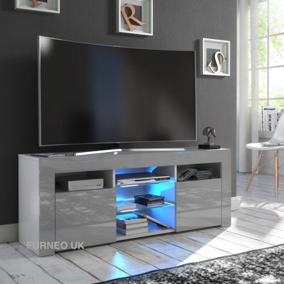 Furneo Grey Tv Stand 120Cm Unit Cabinet Matt & High Gloss Puzzo G Blue Led Lights - image 1
