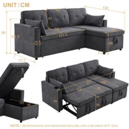 Abrihome 3-In-1 Convertible Sofa Bed With Internal Storage Chaise, L Shaped Sleeper Sofa Couches With Cup Holders, For Small Space, Grey - thumbnail 7