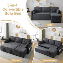 Abrihome 3-In-1 Convertible Sofa Bed With Internal Storage Chaise, L Shaped Sleeper Sofa Couches With Cup Holders, For Small Space, Grey - thumbnail 3