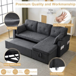 Abrihome 3-In-1 Convertible Sofa Bed With Internal Storage Chaise, L Shaped Sleeper Sofa Couches With Cup Holders, For Small Space, Grey - thumbnail 6