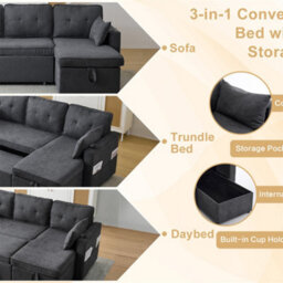 Abrihome 3-In-1 Convertible Sofa Bed With Internal Storage Chaise, L Shaped Sleeper Sofa Couches With Cup Holders, For Small Space, Grey - thumbnail 2