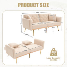 Abrihome Modern 2-Seater Velvet Sofa With 3-Speed Adjustable Backrest, Thick Cushions & Gold Metal Legs, Beige - thumbnail 7