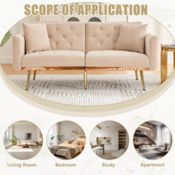 Abrihome Modern 2-Seater Velvet Sofa With 3-Speed Adjustable Backrest, Thick Cushions & Gold Metal Legs, Beige - thumbnail 6