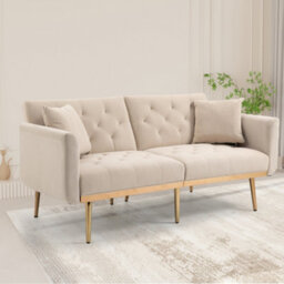 Abrihome Modern 2-Seater Velvet Sofa With 3-Speed Adjustable Backrest, Thick Cushions & Gold Metal Legs, Beige