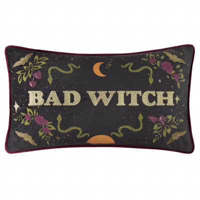 furn. Furn Bad Witch Embroidered Velvet Feather Filled Cushion, Green, 30 X 50Cm - image 1