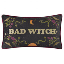 furn. Furn Bad Witch Embroidered Velvet Feather Filled Cushion, Green, 30 X 50Cm