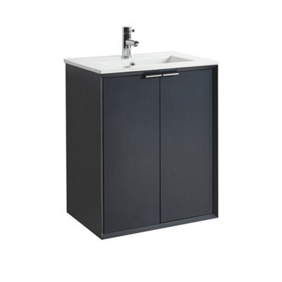 Homestylestore Anthracite 610mm Wall Hung Bathroom Vanity Unit With Basin And Chrome Finger Pull Handle - image 1