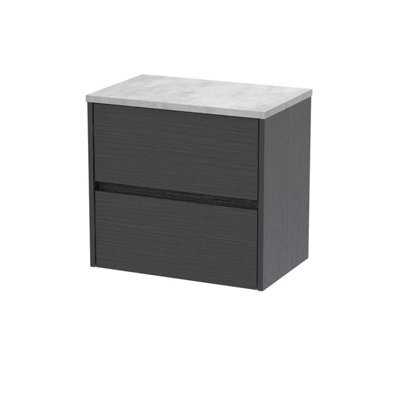 Nuie Havana Wall Hung 2-Drawer Vanity Unit & Worktop In Bellato Grey, Countertop Basin Unit, Graphite Grey Woodgrain, 600mm