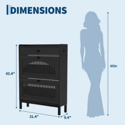 Black Slim Shoe Cabinet With 2 Flip Drawers For 16 Pairs Of Shoes - thumbnail 2