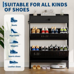 Black Slim Shoe Cabinet With 2 Flip Drawers For 16 Pairs Of Shoes - thumbnail 3