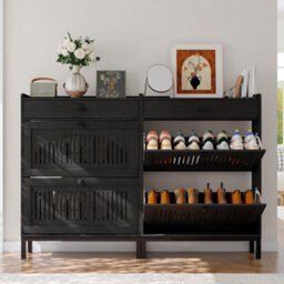 Black Slim Shoe Cabinet With 2 Flip Drawers For 16 Pairs Of Shoes - thumbnail 4
