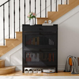 Black Slim Shoe Cabinet With 2 Flip Drawers For 16 Pairs Of Shoes - thumbnail 5