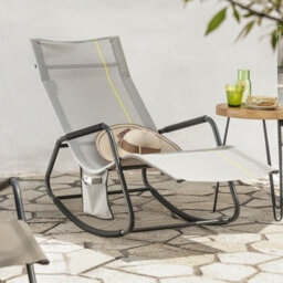 Sobuy Ogs47-Hg, Indoor Outdoor Garden Rocking Sun Lounger Recliner Relaxing Chair With Side Bag, Grey,w145Xd57Xh82 - thumbnail 2