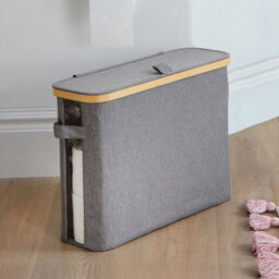 Clarsen Toilet Roll Storage Holder With Side Window And Handles, Wipe Clean Fabric With Bamboo Trim, Holds 12 Rolls