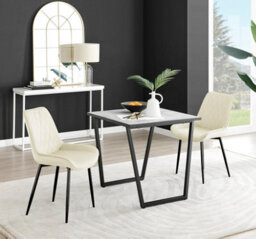 Furniturebox Carson Small 2 Seater White Marble Effect Square Scratch Resistant Dining Table With 2 Cream Pesaro Velvet Black Leg Chairs