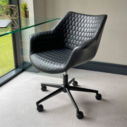 The Furniture Market Milo Black Faux Leather Tub Office Chair Ergonomic Design, Adjustable Height, Quilted Detailing, Satin Black Metal Base On Castors