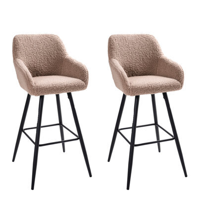 Wyld And Coco Taupe Bouclé Bar Stool Set Of 2 With Arms And Backrest, Black Metal Legs - image 1