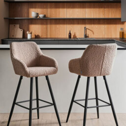 Wyld And Coco Taupe Bouclé Bar Stool Set Of 2 With Arms And Backrest, Black Metal Legs - thumbnail 2