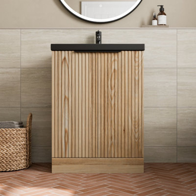 Affine Fluted 600mm Wood Floorstanding Vanity Unit Black Basin Soft Close Doors - image 1