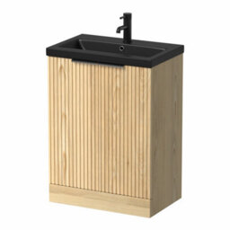 Affine Fluted 600mm Wood Floorstanding Vanity Unit Black Basin Soft Close Doors - thumbnail 4
