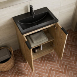 Affine Fluted 600mm Wood Floorstanding Vanity Unit Black Basin Soft Close Doors - thumbnail 3