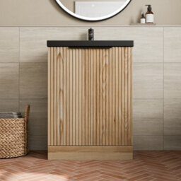 Affine Fluted 600mm Wood Floorstanding Vanity Unit Black Basin Soft Close Doors - thumbnail 1