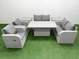 Fimous 6 Seater Outdoor Reclining Chair Love Sofa Set Rattan Garden Furniture Set Adjustable Lifting Table 2 Side Tables - thumbnail 1
